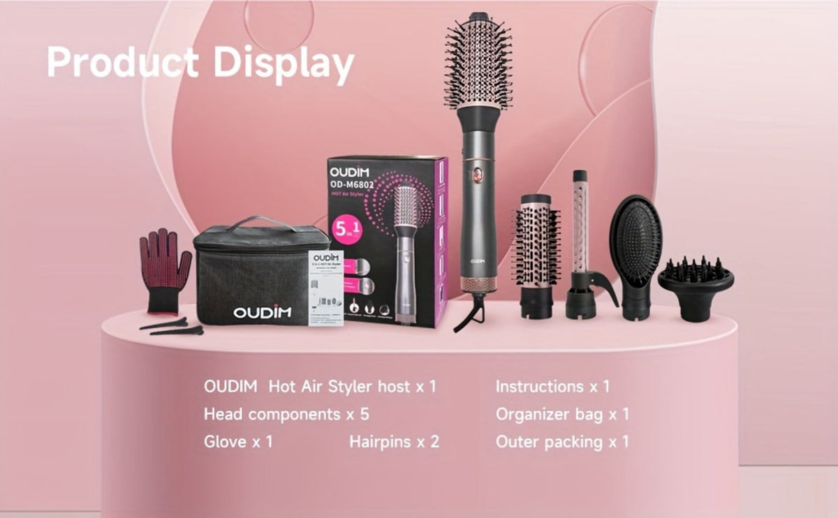 5-in-1 Hot Air Styling Comb Set Negative Ion Hair Dryer Brush with 5 Interchangeable Heads, for Home, Travel and Salon Hair Styling
