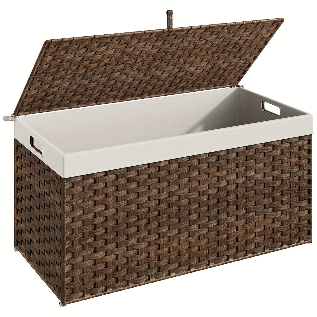 Large Wicker Storage Basket with Lid, Handles, Soft Lining, Metal Frame in a 220L Lidded Format