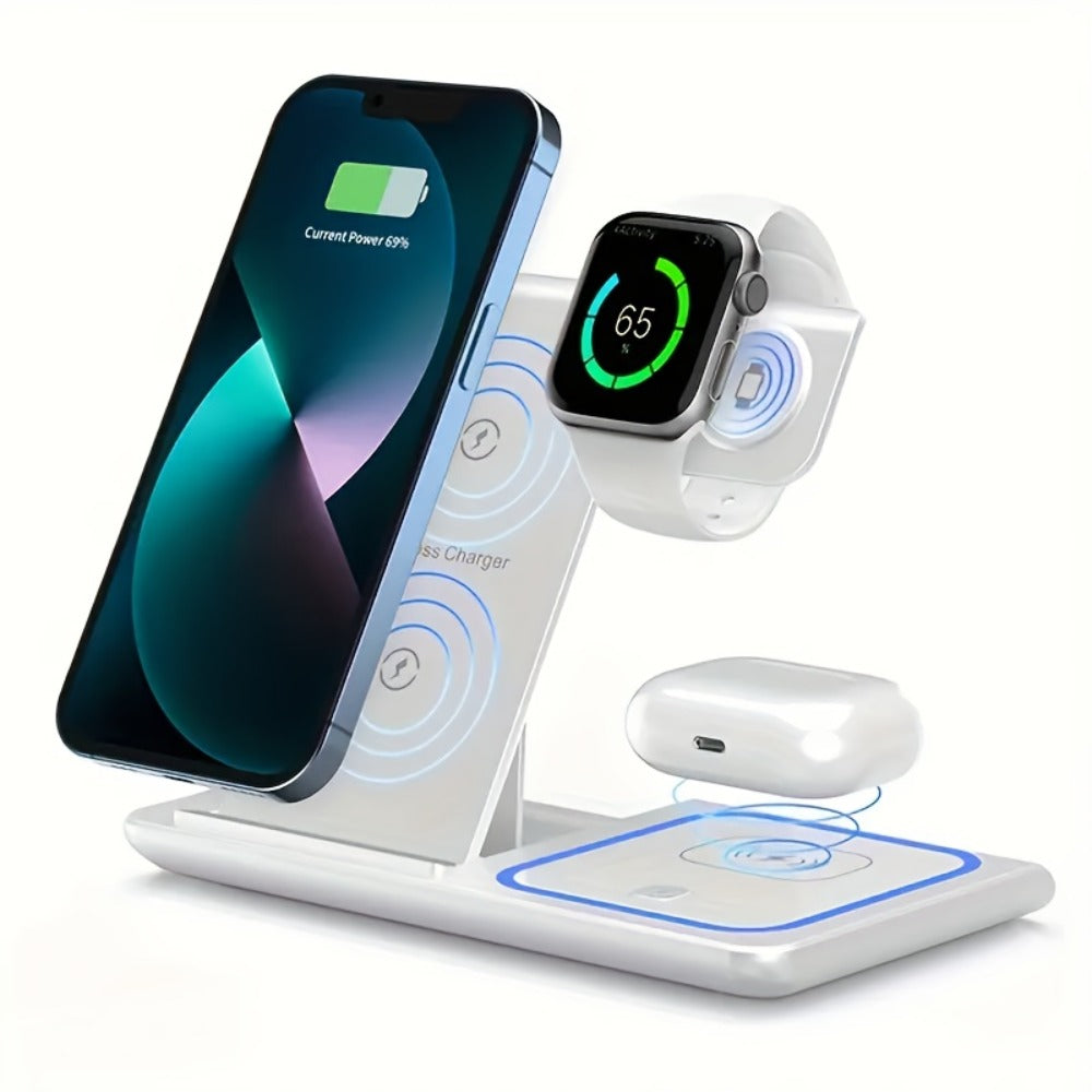 Wireless Charging Station, 3-in-1 15W Upright Stand with QC3.0 Adapter for iPhone, Watch and AirPods Models
