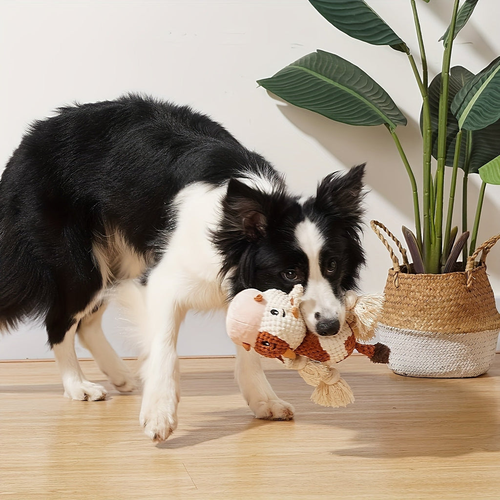 Dog Toy Cow Plush with Squeaker, Crinkle Paper, Woven Legs and Washable Construction for Multiple Dog Sizes