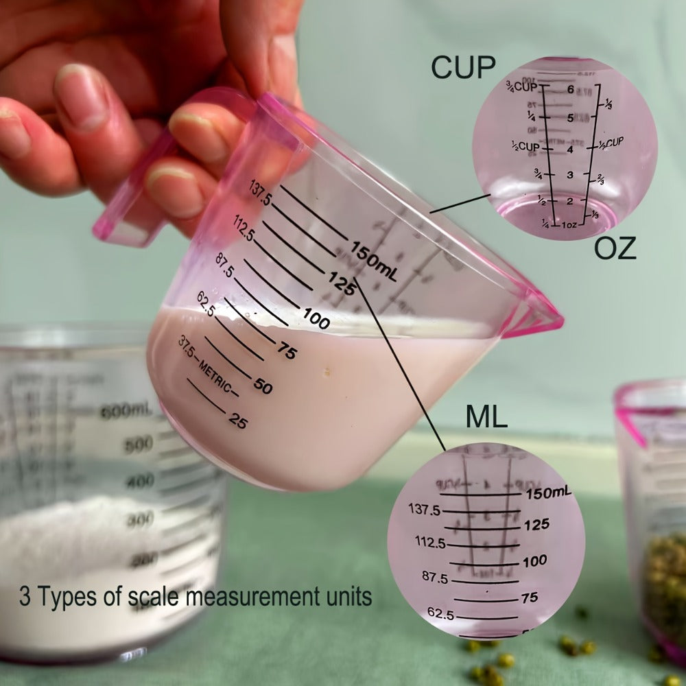 Pink Four-Piece Measuring Set with 150ml, 300ml and 600ml Cups, 20ml Spoon and Multi-Unit Markings