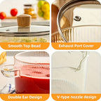 Ribbed Transparent Glass Cooking Pot with Lid in 60.87oz or 77.77oz Sizes, Clear Side Handles and Pouring Spout