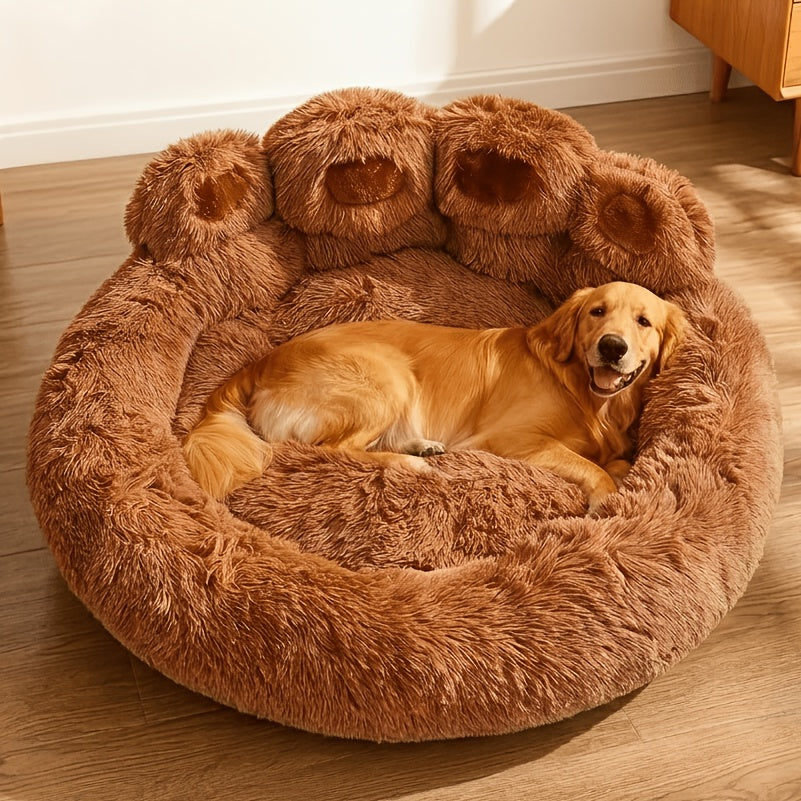 Bear-Paw Round Plush Pet Bed in Coffee, Pink or Gray with Four Weight-Labeled Size Options