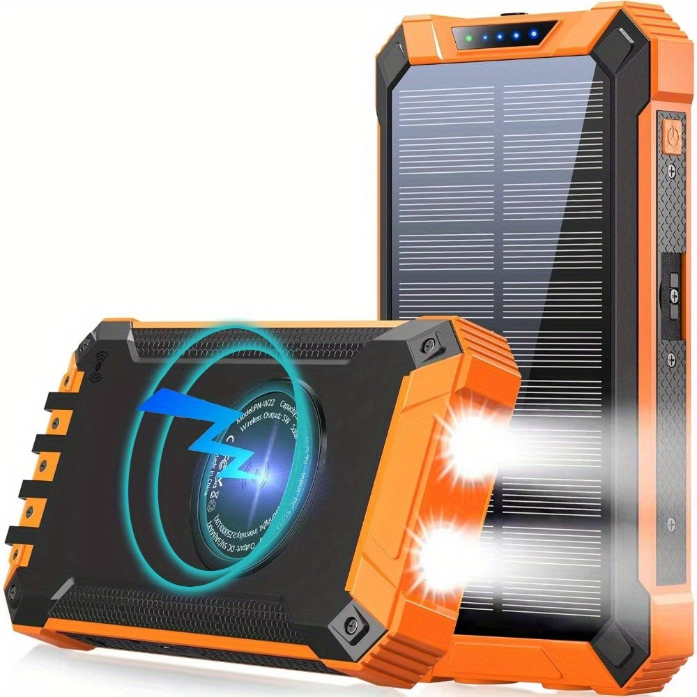 Solar Power Bank, 46800mAh Wireless Charger with Four Built-In Cables, Dual LED Lights and Five Color Options
