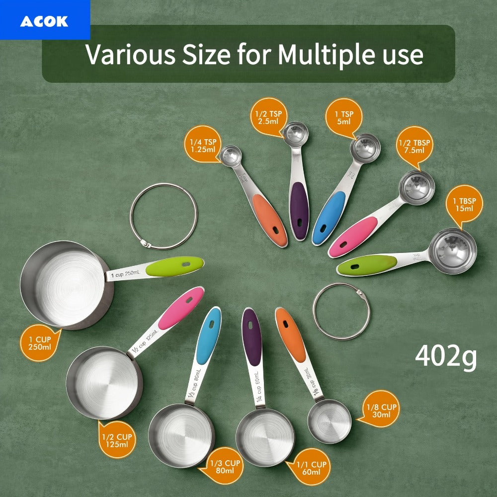 Stainless Steel Measuring Cups and Spoons Set 5pcs with Silicone Handle – Baking & Cooking Kitchen Measurement Tools