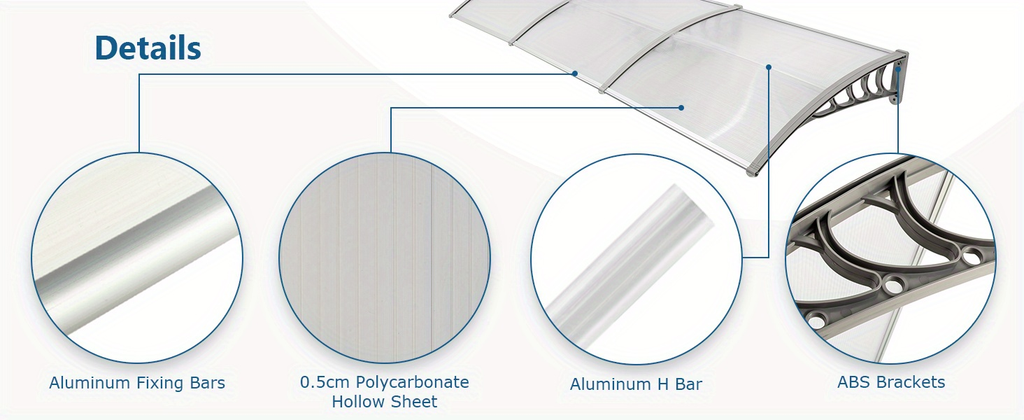 Door Awning 120"x40" Polycarbonate Canopy UPF50+ UV Rain Snow for Garden, Patio and Yard Use