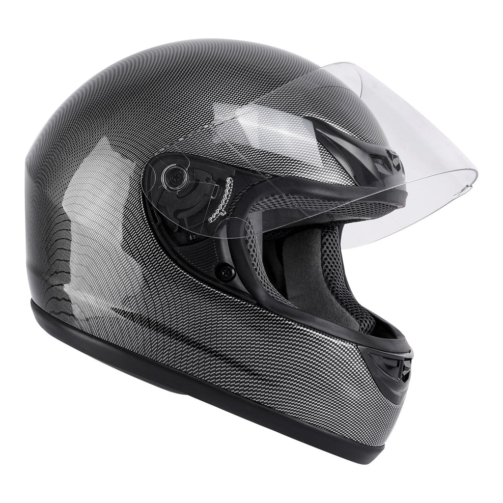 Motorcycle Helmet TCMT Full-Face Black Shell with Clear Shield, S-XL Size Chart, Interior Padding and Rear Vents