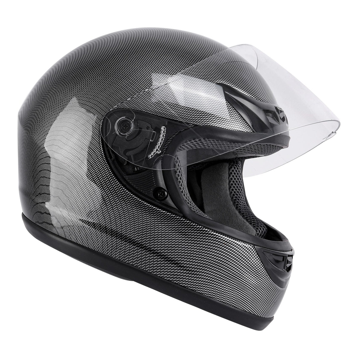 Motorcycle Helmet TCMT Full-Face Black Shell with Clear Shield, S-XL Size Chart, Interior Padding and Rear Vents