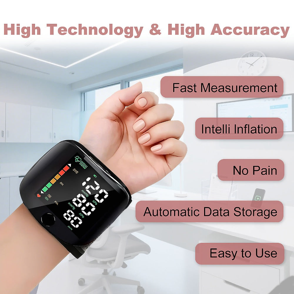 Blood Pressure Monitor for Wrist, Portable Black Digital Device with Large Display and One-Button Control