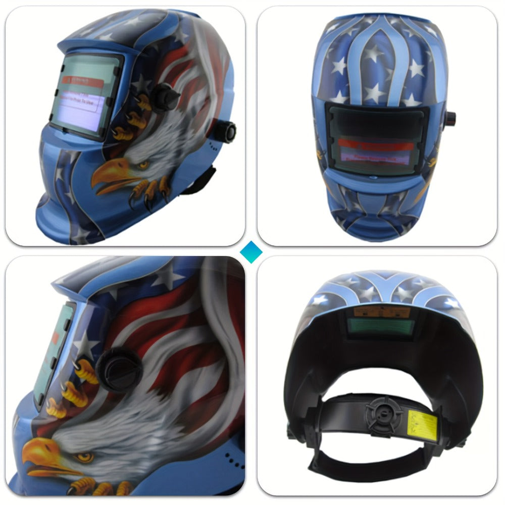 Graphic Auto-Darkening Welding Helmet with Eagle, Lightning or Black-Fire Shell Designs and Adjustable Headgear