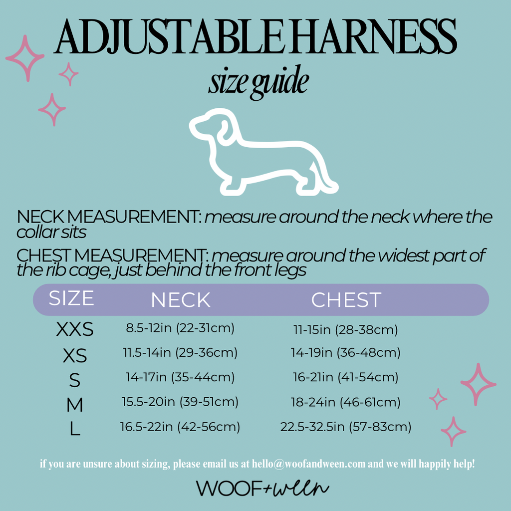 Dachshund harness size chart for Black Duck Camo adjustable harness, XXS to L
