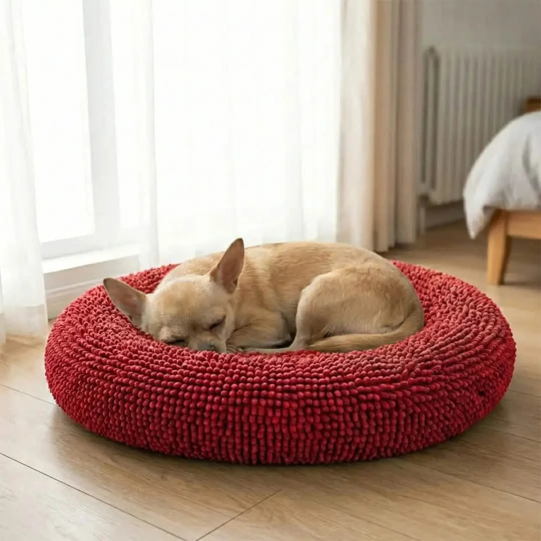 Round Chenille Dog Bed, 25x25 / Red