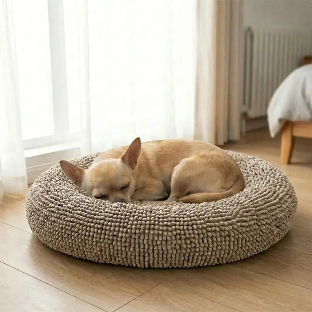 Round Chenille Dog Bed, 25x25 / Beige