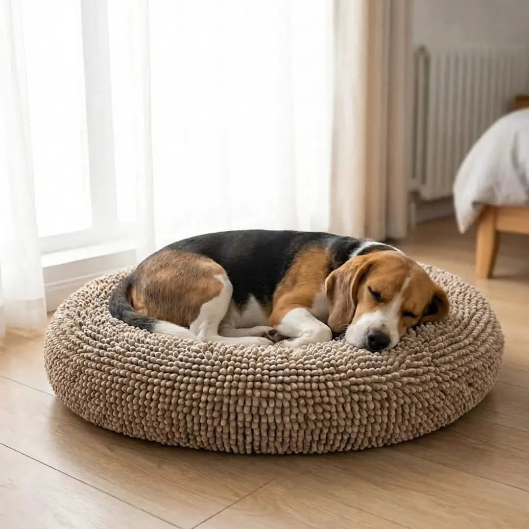 Round Chenille Dog Bed, 35x35 / Beige