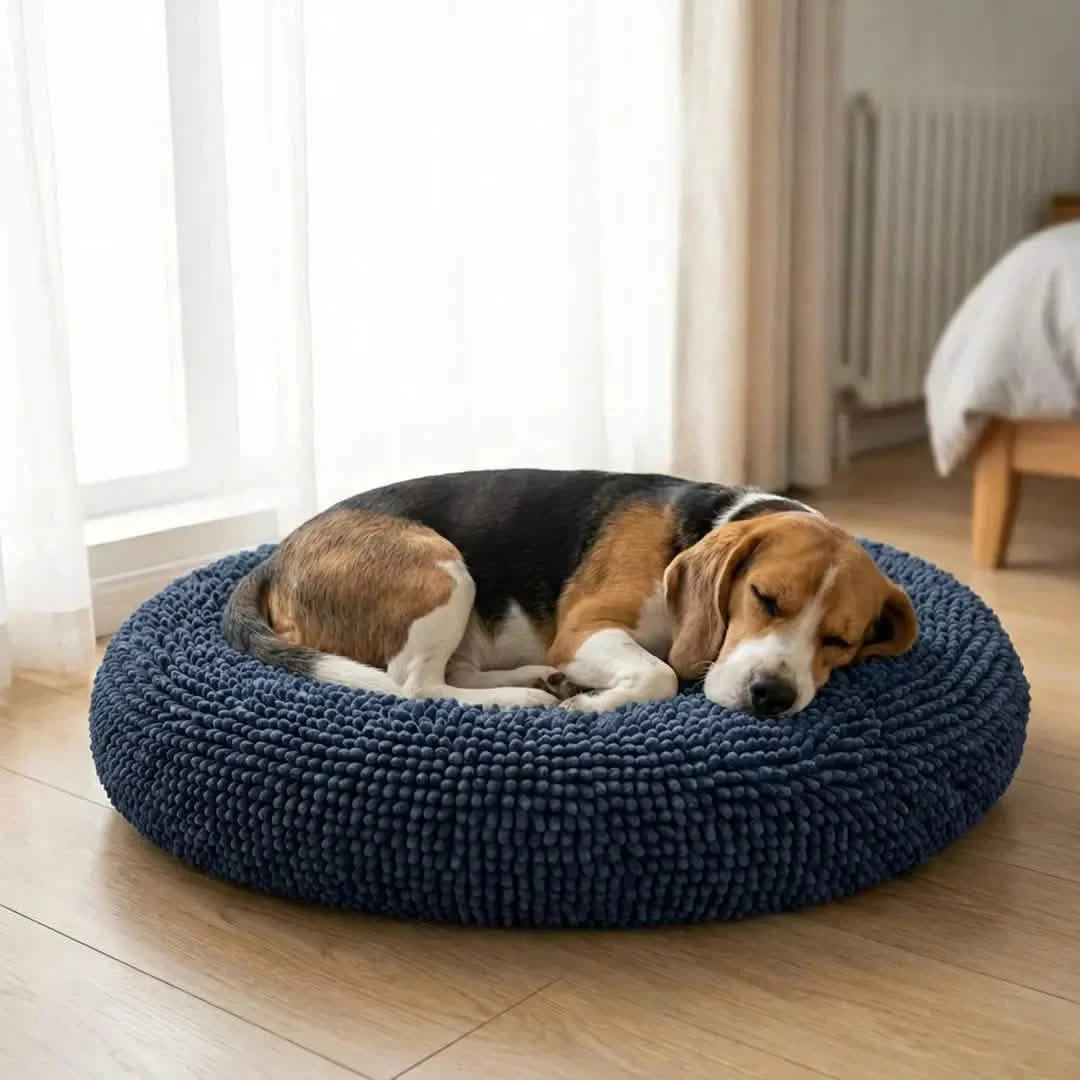 Round Chenille Dog Bed, 35x35 / Navy Blue