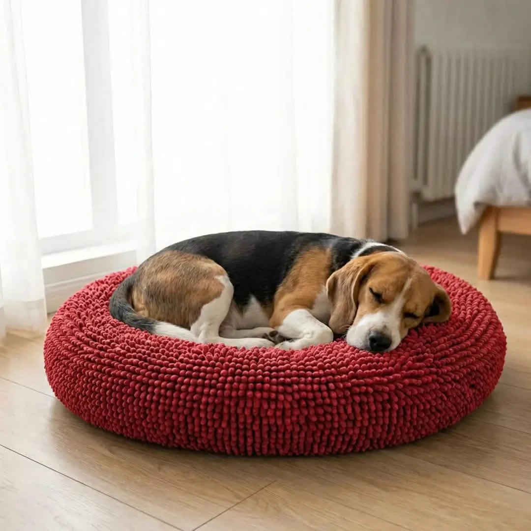 Round Chenille Dog Bed, 35x35 / Red