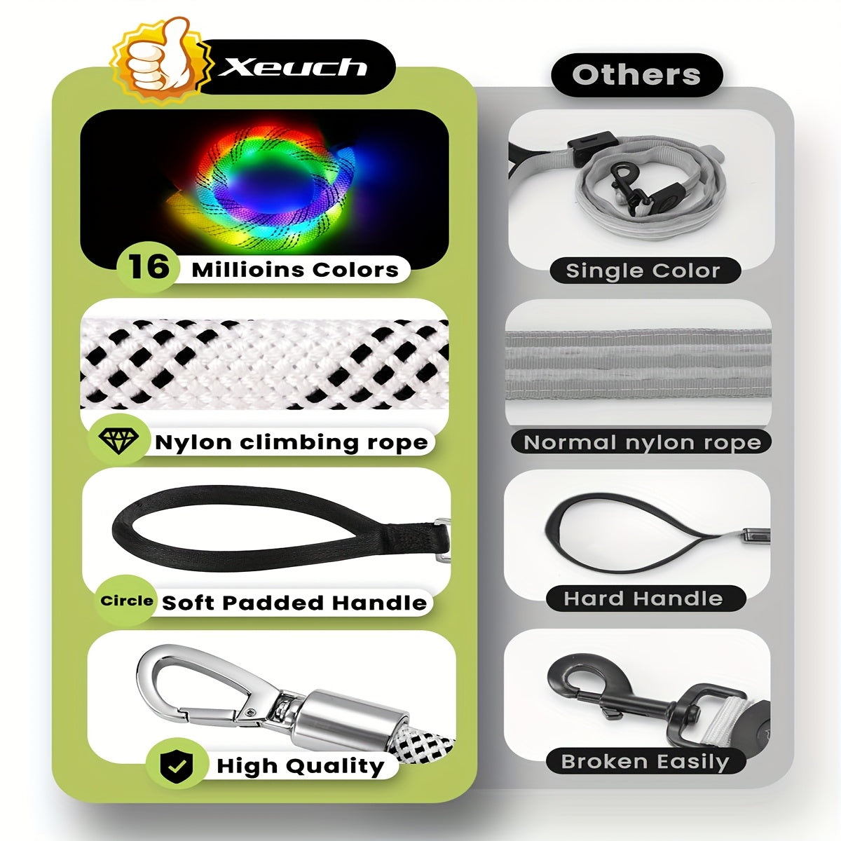 Four-Foot LED Dog Leash with Rechargeable Multicolor Light Strip, Rotating Hook and 13 Pictured Modes