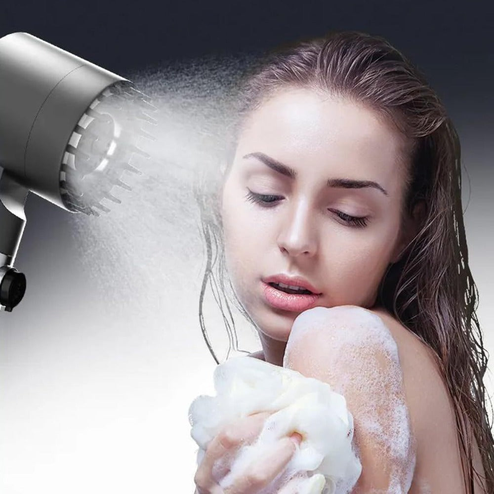 Handheld Shower Head with Rotating Spray Selector, On-Off Button, Hose, Five Cartridges and Two Bracket Options