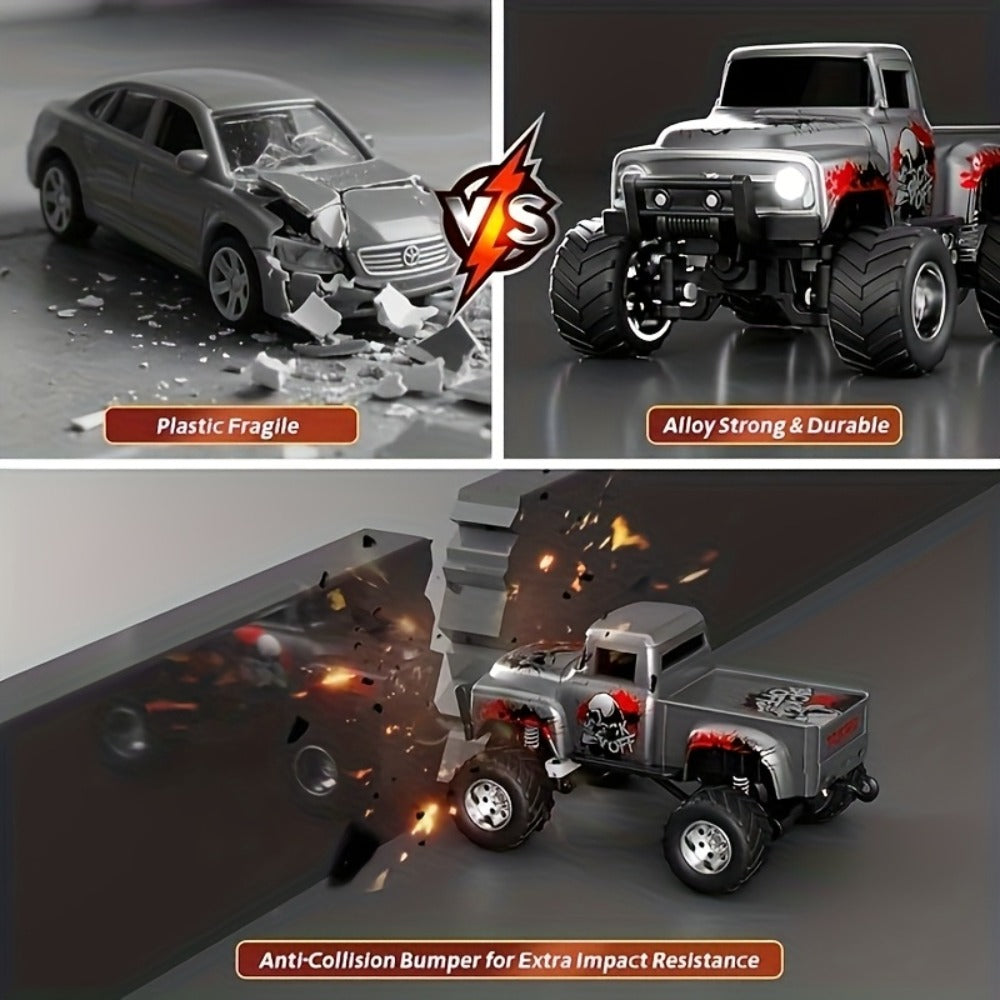 Mini Alloy RC Monster Truck 1:64 Scale 2.4GHz Off-Road Crawler with LED Lights, Street Graffiti Spray-Paint Design