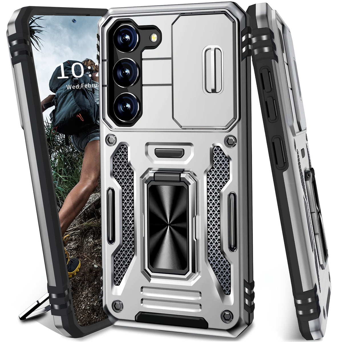 Samsung Galaxy Shockproof Magnetic Phone Case with 360° Rotating Ring Bracket & Sliding Lens Protector – Heavy Duty Cover for S24FE S23FE