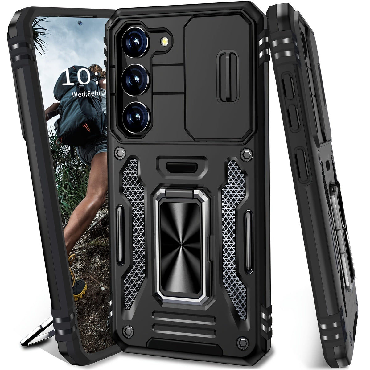 Samsung Galaxy Shockproof Magnetic Phone Case with 360° Rotating Ring Bracket & Sliding Lens Protector – Heavy Duty Cover for S24FE S23FE