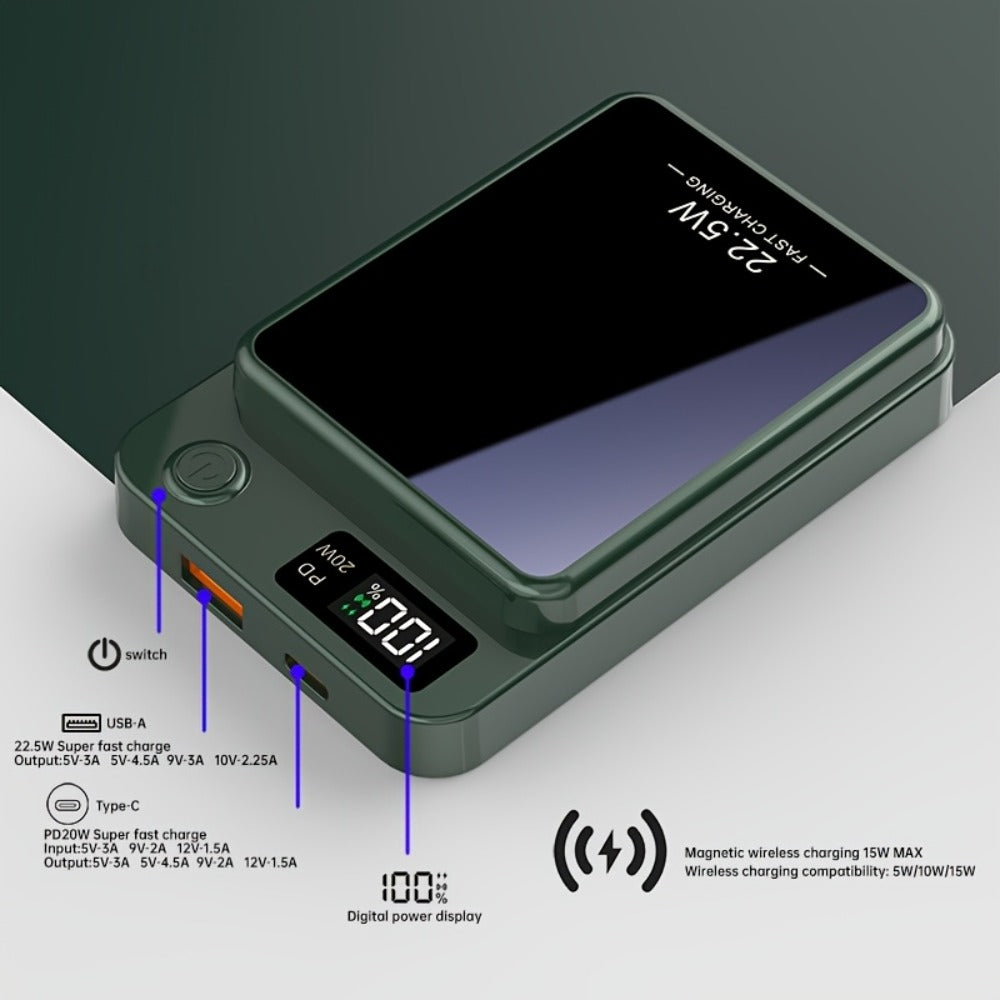 Magnetic Wireless Power Bank 10000mAh MagSafe Compatible 22.5W USB-C Fast Charging with LED Display