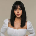 Synthetic Wig 16-Inch Black Straight Blunt Bob with Bangs, 180% Density and Rose Net Cap for Office Wear