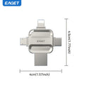 EAGET I50 iPhone Flash Drive USB 3.0 High Speed 4-in-1 Lightning Type-C Micro USB OTG Memory Stick 32GB 64GB 128GB 256GB for iPhone iPad