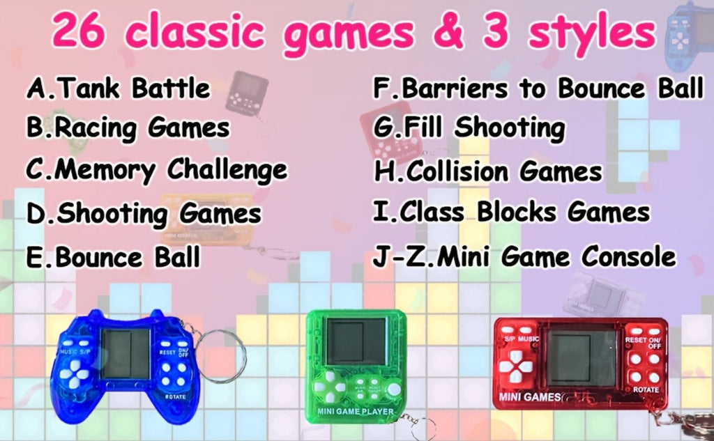 18-Piece Mini Game Keychain Set with Controller and Handheld Shapes in Six Pictured Case Colors