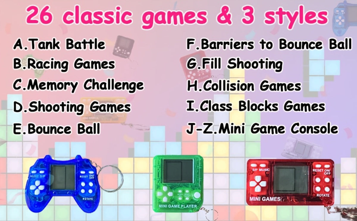 18-Piece Mini Game Keychain Set with Controller and Handheld Shapes in Six Pictured Case Colors