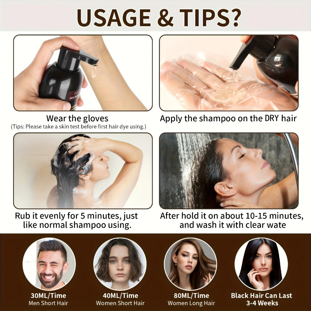 Grey Hair Dye Shampoo 3-in-1 Natural Plant-Based Herbal Formula – Non-Stick Scalp, Covers White Hair in Minutes, 500ml – Black, Dark Brown
