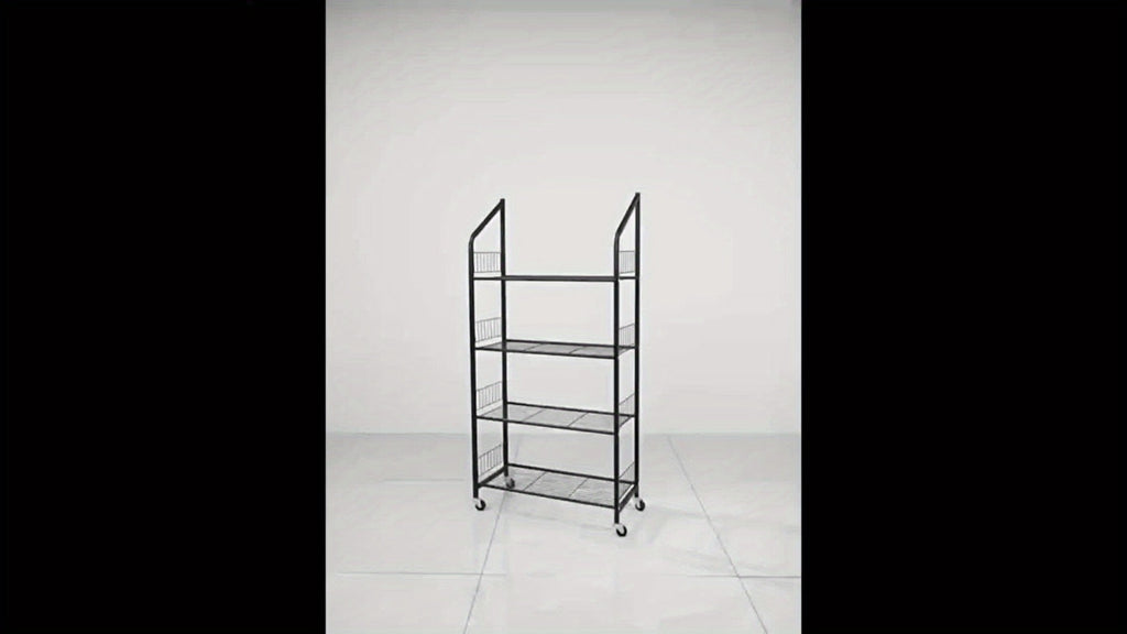 4-Tier Metal Display Rack with Wheels – Rolling Floor Shelf for Kitchen, Store & Home Storage Organization