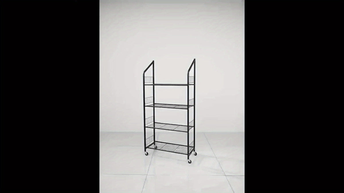 4-Tier Metal Display Rack with Wheels – Rolling Floor Shelf for Kitchen, Store & Home Storage Organization