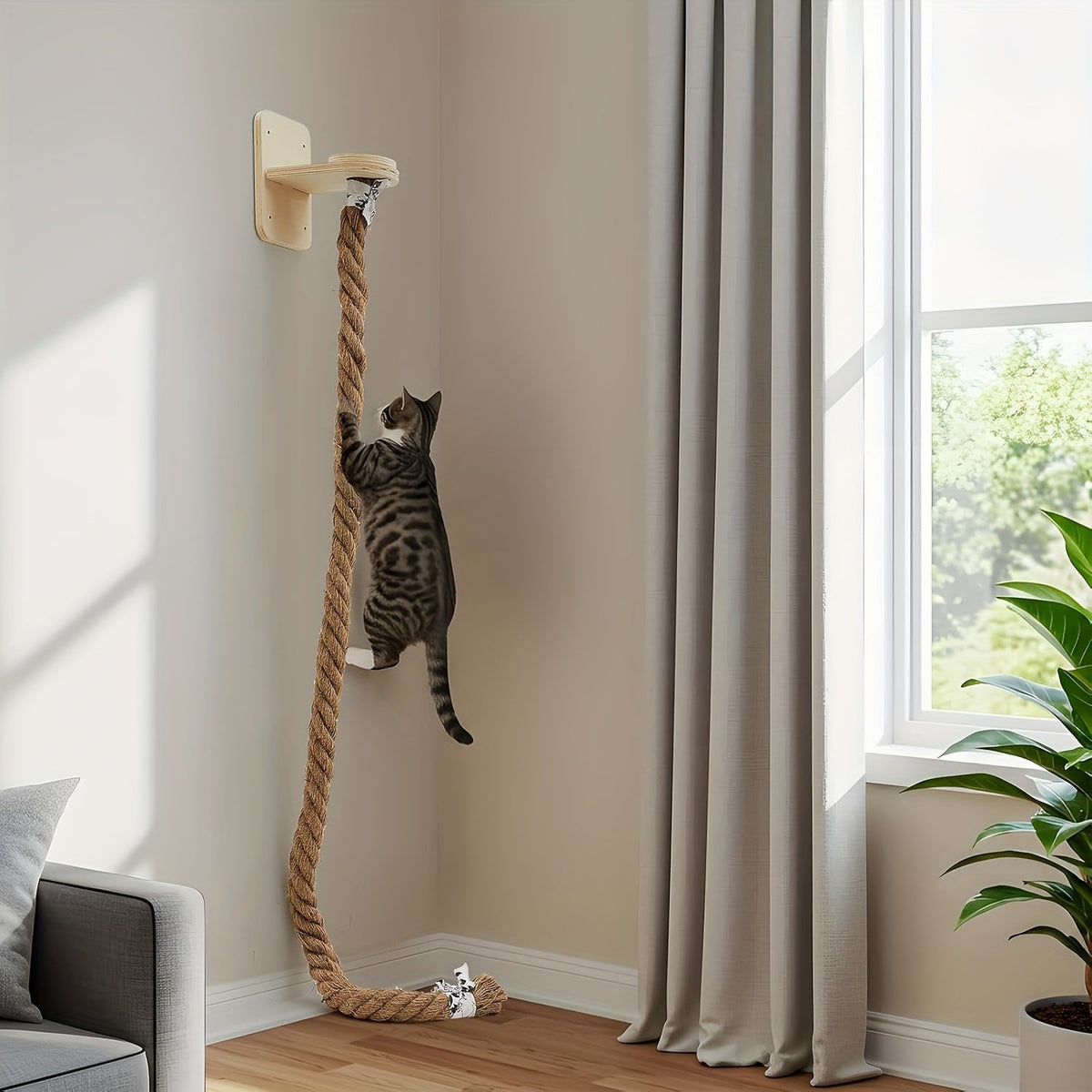 Wall-Mounted 60in Cat Climbing Rope Set with Upper Bracket, Lower Anchor and Small Wood Perch