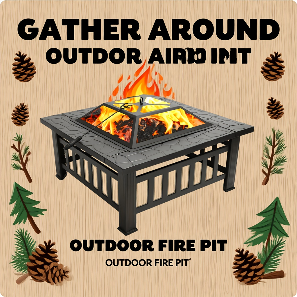 Black Square Fire Pit Table with Raised Mesh Cover, Perforated Side Panels and Wood-Burning Bowl