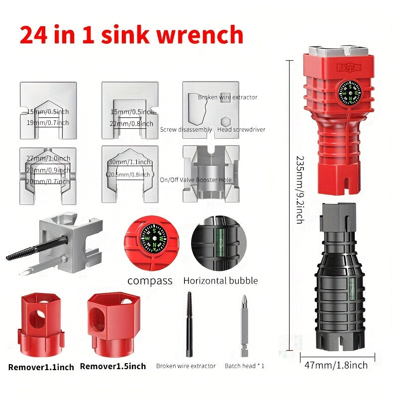 24-in-1 Sink Wrench Faucet Tool Kit Multi-Function Basin Wrench Long Handle for Kitchen Bathroom Plumbing