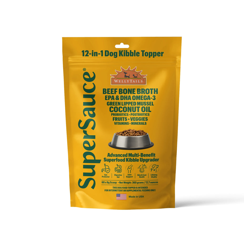 WellyTails SuperSauce 12-in-1 kibble topper powder pouch, featuring a yellow design with product details and a scoop.