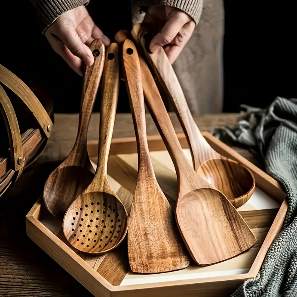 Wooden Kitchen Utensil Set with Five-, Six- or Ten-Piece Configurations and Optional Storage Box