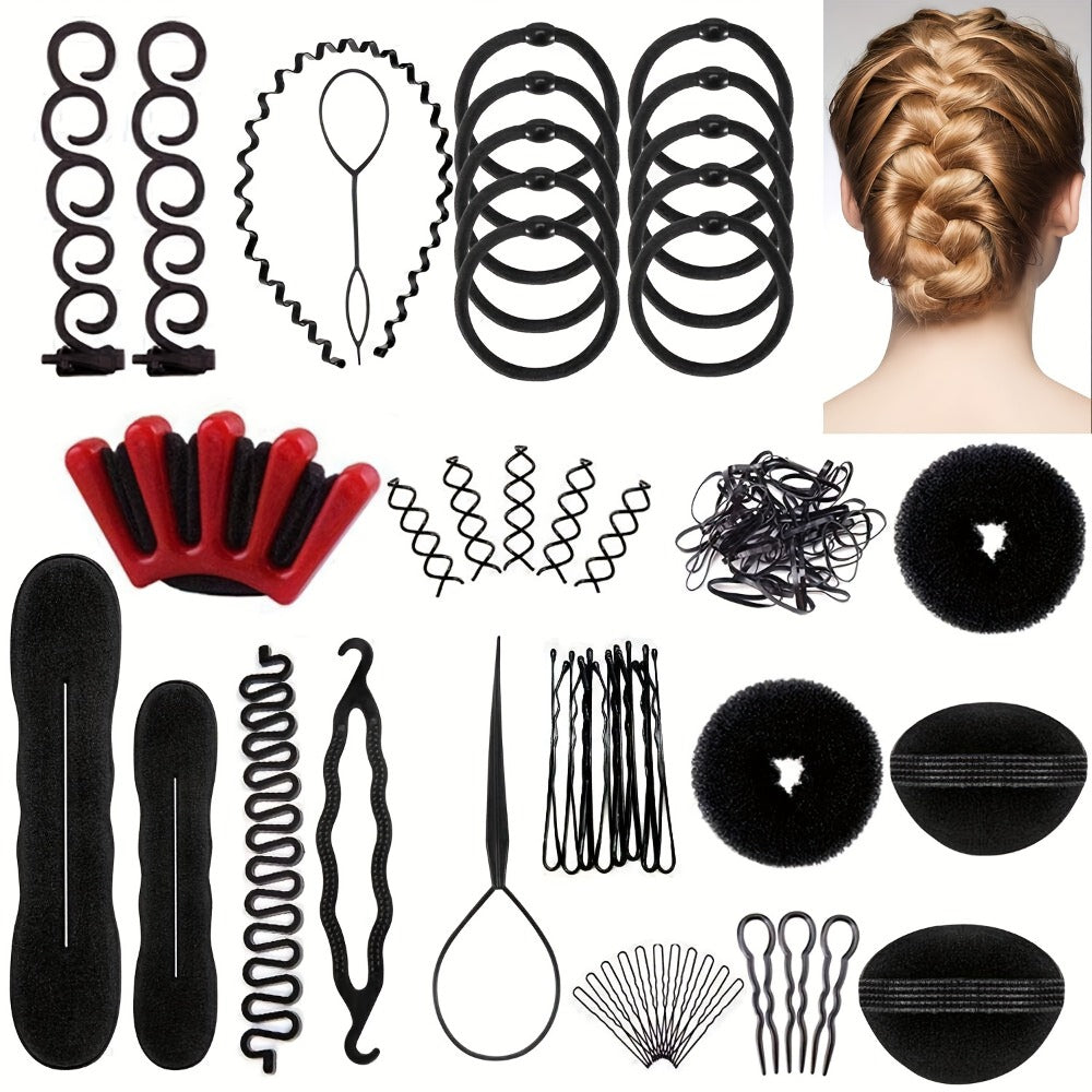 51-Piece Hair Styling Tool Set Braiding Kit with Clips Donut Bun Maker Hair Pins Curlers Braid Accessories for Women Bridal Wedding Updo
