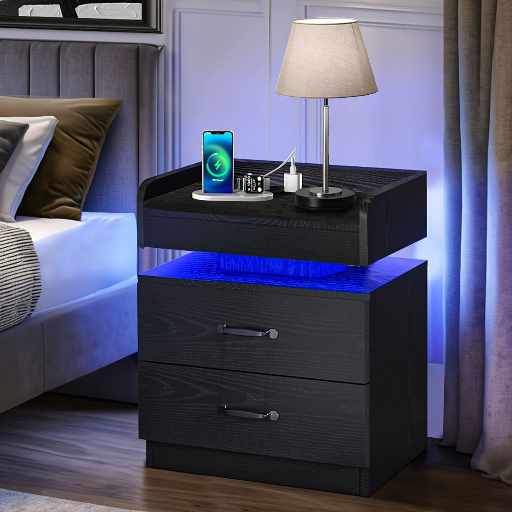 Small Nightstand with USB Charging Station & LED Lights, Compact Bedside Table with Drawer, Under 27 Inch Floor Mount