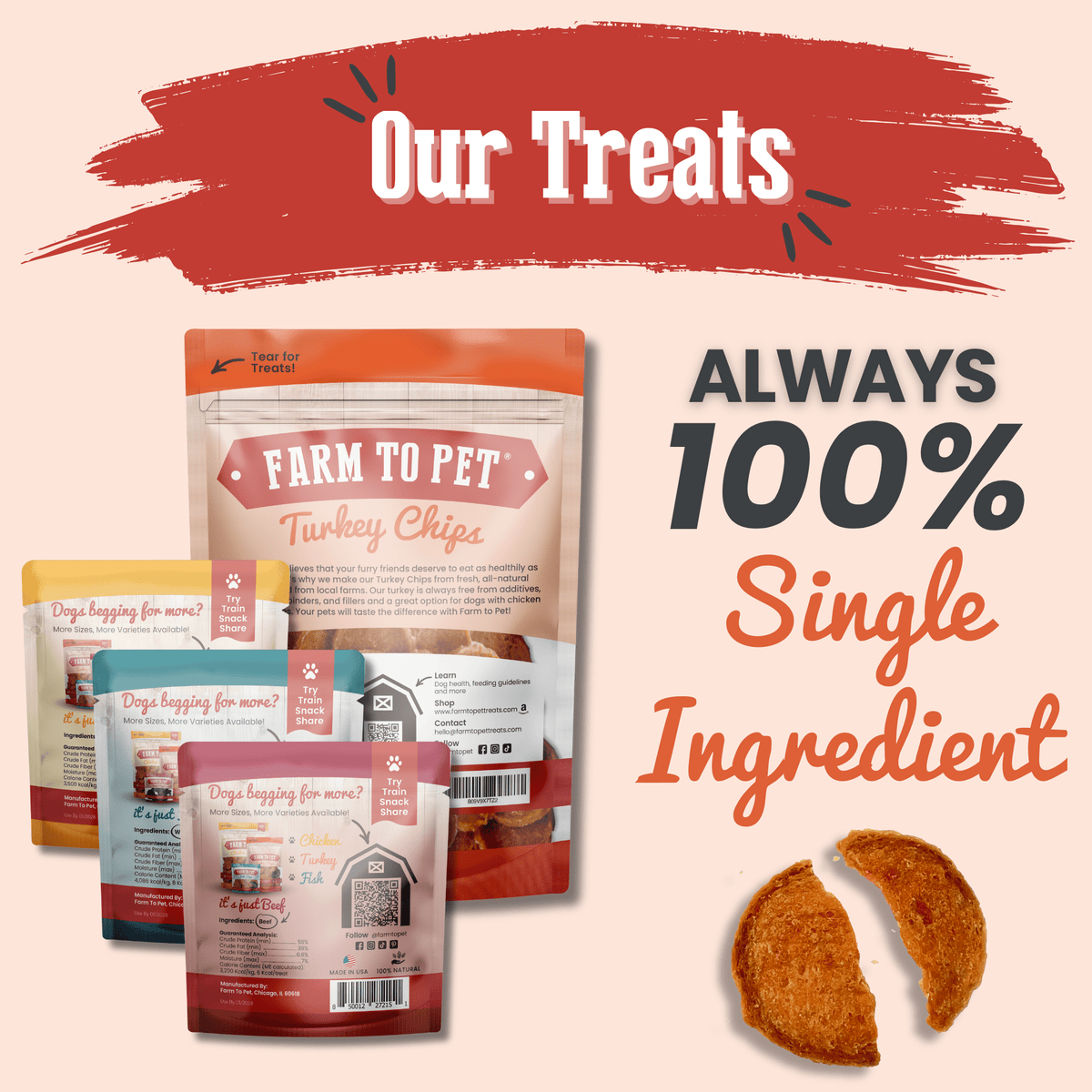 Farm to Pet treat packages with a red banner and text about 100% single-ingredient treats on a light pink background.