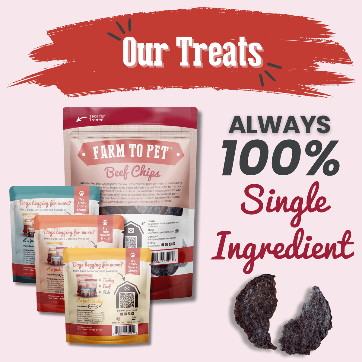 Packaging of Farm to Pet chips with text 'Always 100% Single Ingredient' on a white background.