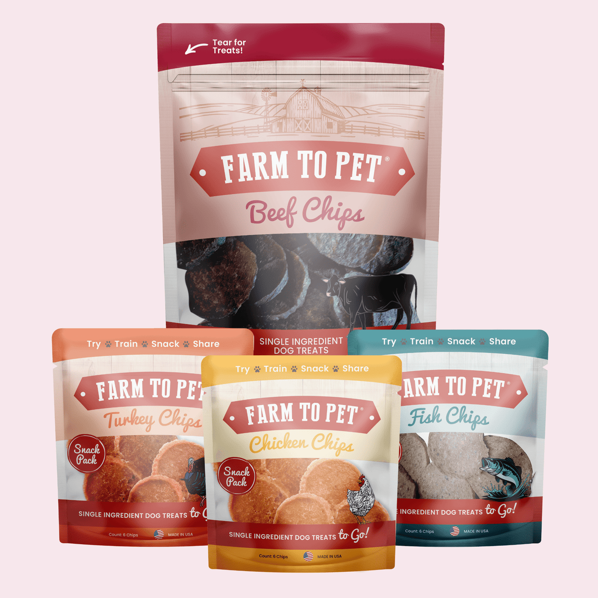 Puppy Packs 'n Snacks Dog Treat Starter Pack | Single-Ingredient Training Treats Beef 4oz + Chicken + Turkey + Fish Snack Pack