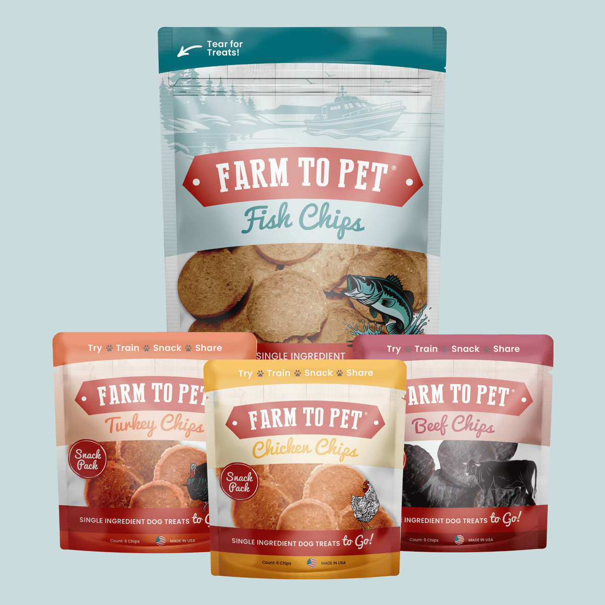 Puppy Packs 'n Snacks Dog Treat Starter Pack | Single-Ingredient Training Treats Fish 4oz + Beef + Turkey + Chicken Snack Pack