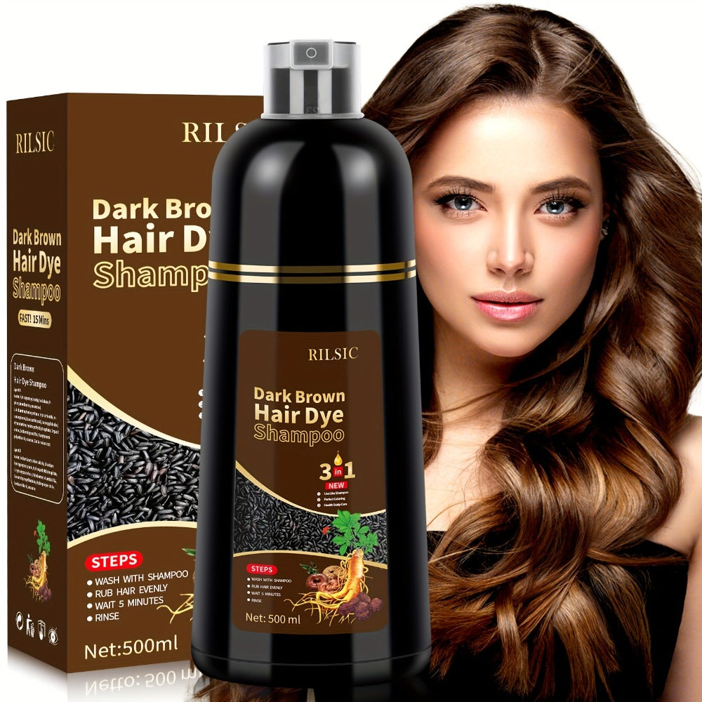 Grey Hair Dye Shampoo 3-in-1 Natural Plant-Based Herbal Formula – Non-Stick Scalp, Covers White Hair in Minutes, 500ml – Black, Dark Brown