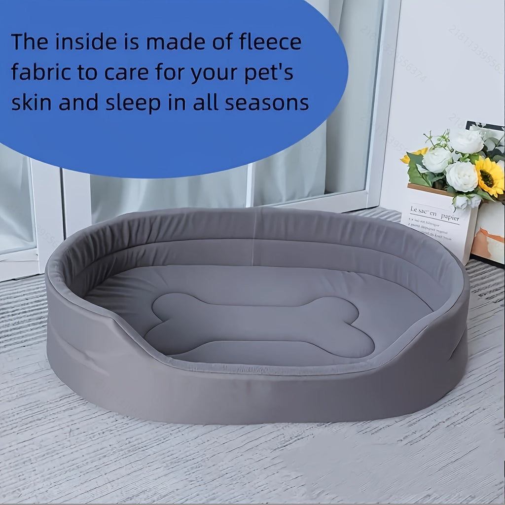 Oval Bolster Dog Bed with Gray or Green Cover and Three Labeled Sizes from M to 2XL, Six Variants