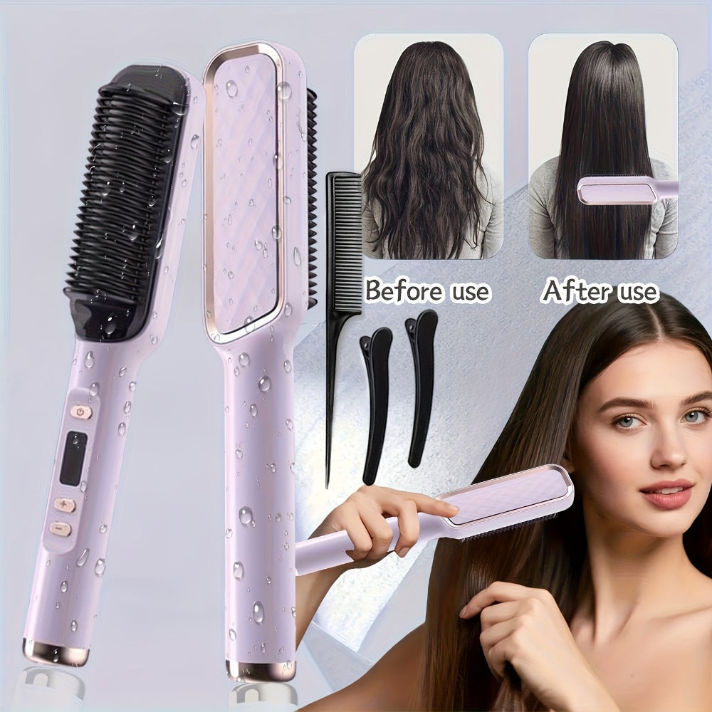 2-in-1 Hair Straightener & Curler LCD Display – 35-Second Fast Heat 4-Speed Temperature Anti-Scald Flat Iron Brush for Women with 2 Hairpins