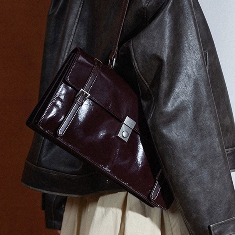 Genuine Top Grain Waxed Leather Handbag, Shoulder Bag For Women, Accordion Bag, 13.8 in Length