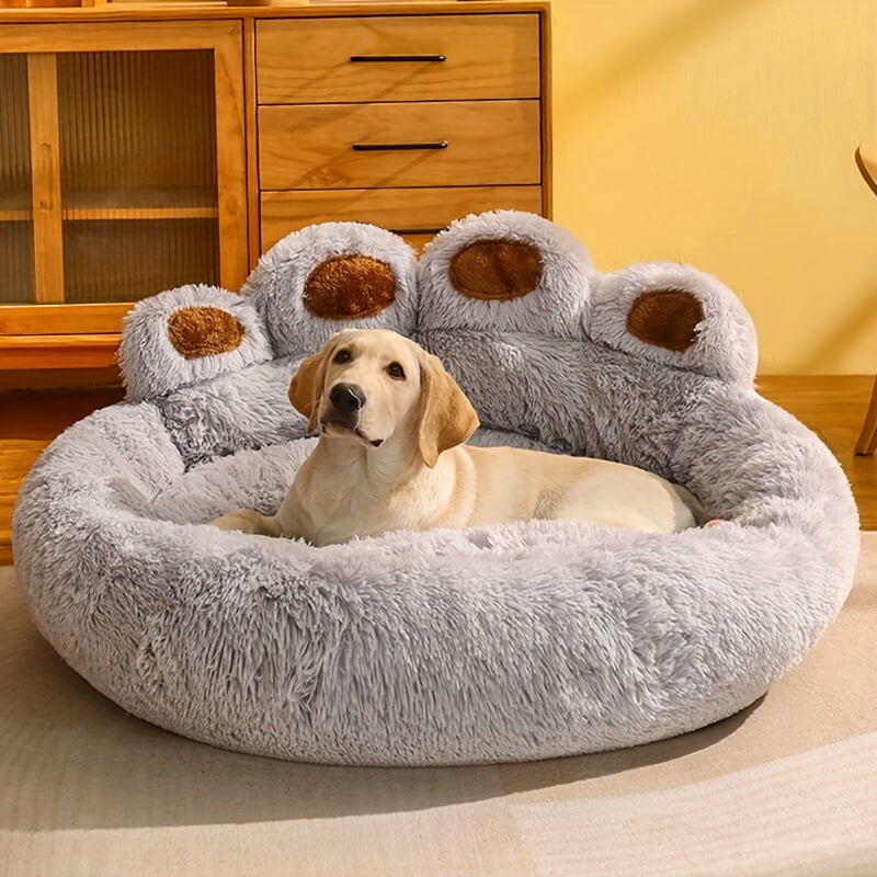 Bear-Paw Round Plush Pet Bed in Coffee, Pink or Gray with Four Weight-Labeled Size Options