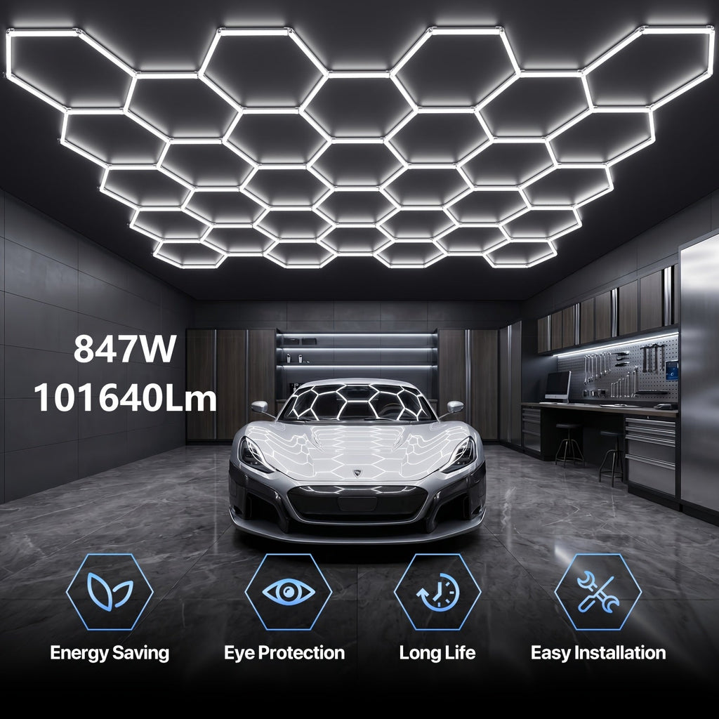 LED Hexagonal Garage Light 6500K, Super Bright Daylight White Shop Light 42W, 620W for Auto Detailing